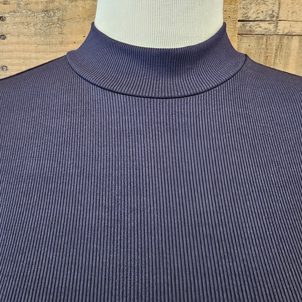Kara and Kate navy blue ribbed knit top with puffed shoulder satin sleeve Size L - Picture 2 of 5